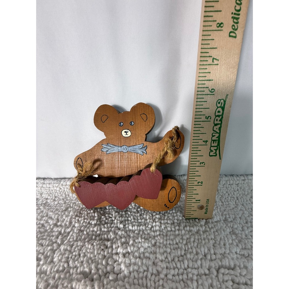 VTG Hand Painted Wooden Teddy Bear with Hearts Cottagecore Wall Decor Brown 6in - Picture 2 of 9
